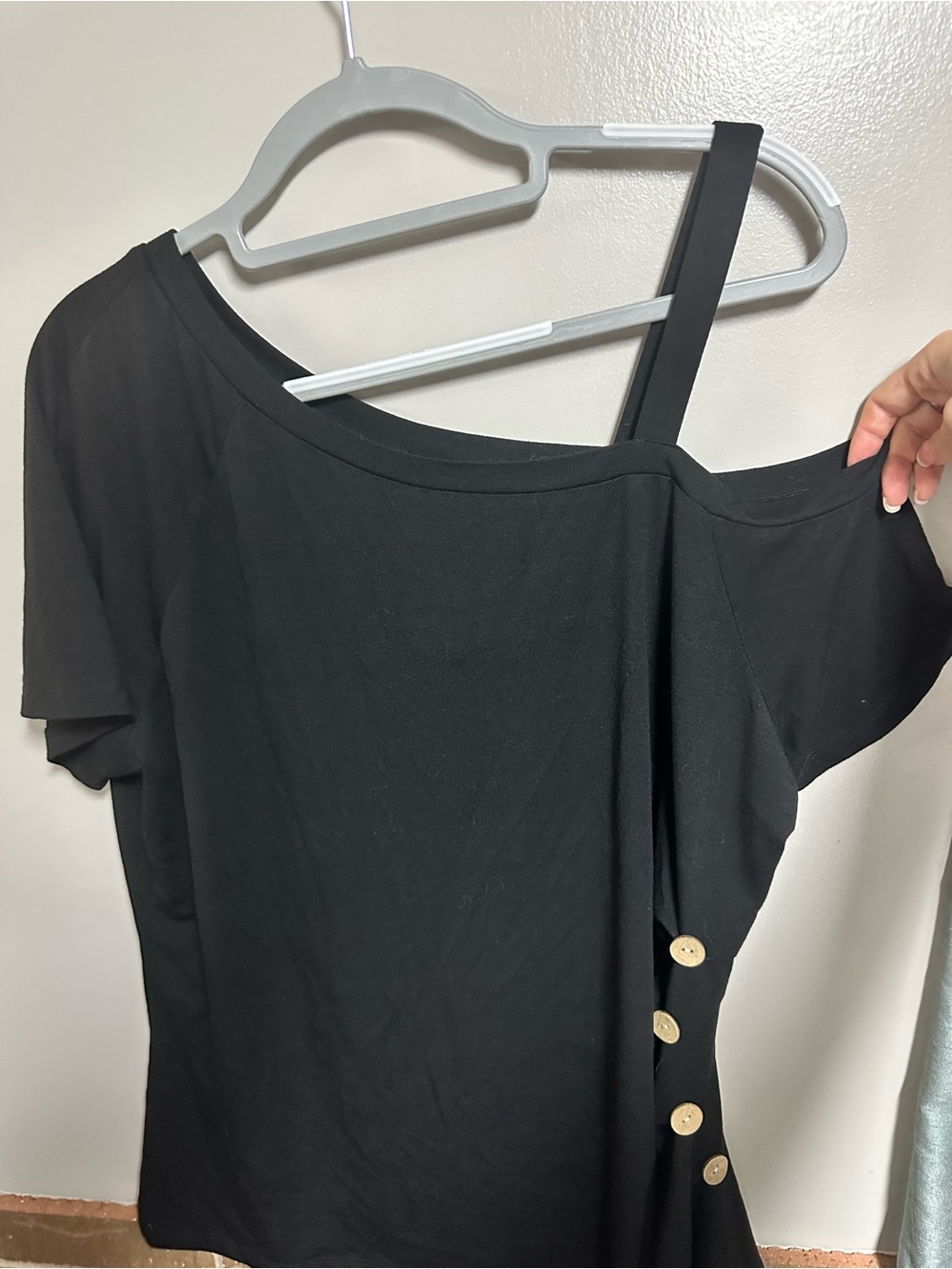 Black One-Shoulder Short Sleeve Top with Button Accent